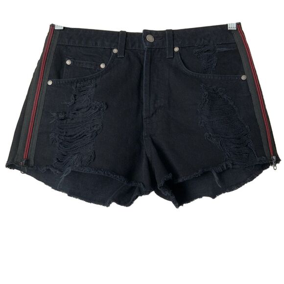 LF The Brand Cut-off Shorts Button-fly Red Zip Detail Black 28 - Picture 2 of 8